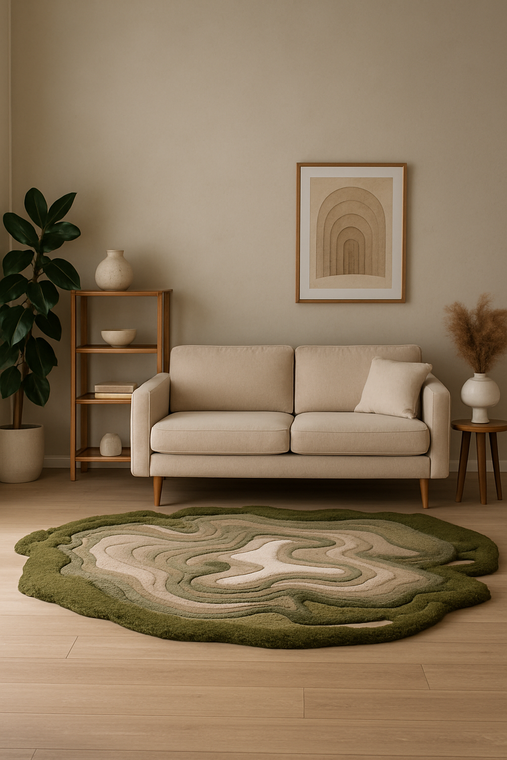 Top view of Greencrest Terrain hand-tufted rug featuring layered green tones and abstract terrain-inspired design