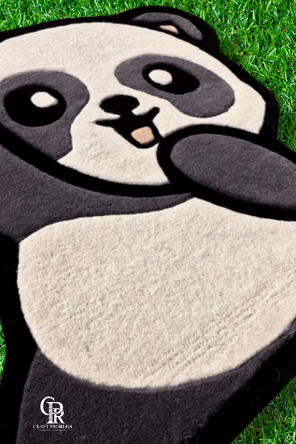 hand-tufted cute panda rug styled in a cozy living space with neutral décor adding playful and comfy vibe.