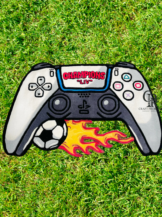 Hand-tufted game controller rug top view showing bold gaming design with soft plush pile perfect for gaming rooms and kids décor