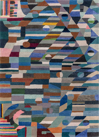 Top view of hand-tufted Geometric Mosaic wool rug showing vibrant multicolor patterns.