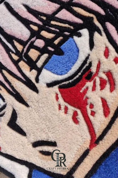 Close-up of Killua’s face on the hand-tufted anime rug showing detailed character artwork.