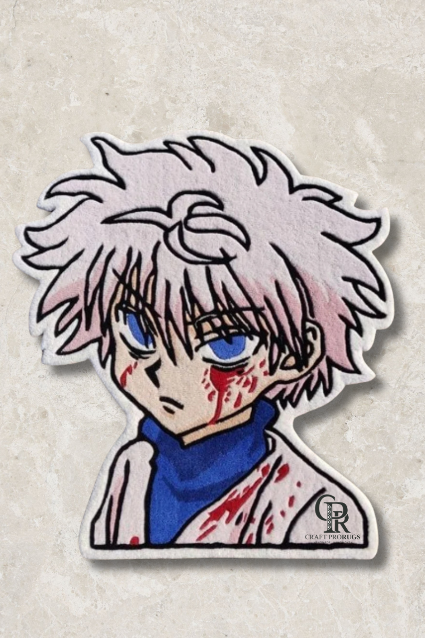 Front view of hand-tufted Killua-inspired anime rug showing full design and character artwork. 