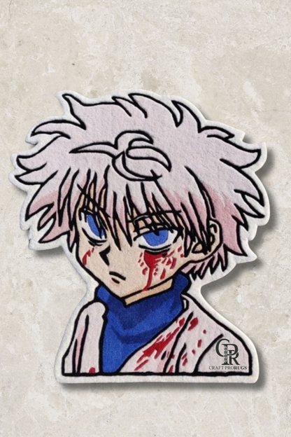 Front view of hand-tufted Killua-inspired anime rug showing full design and character artwork. 