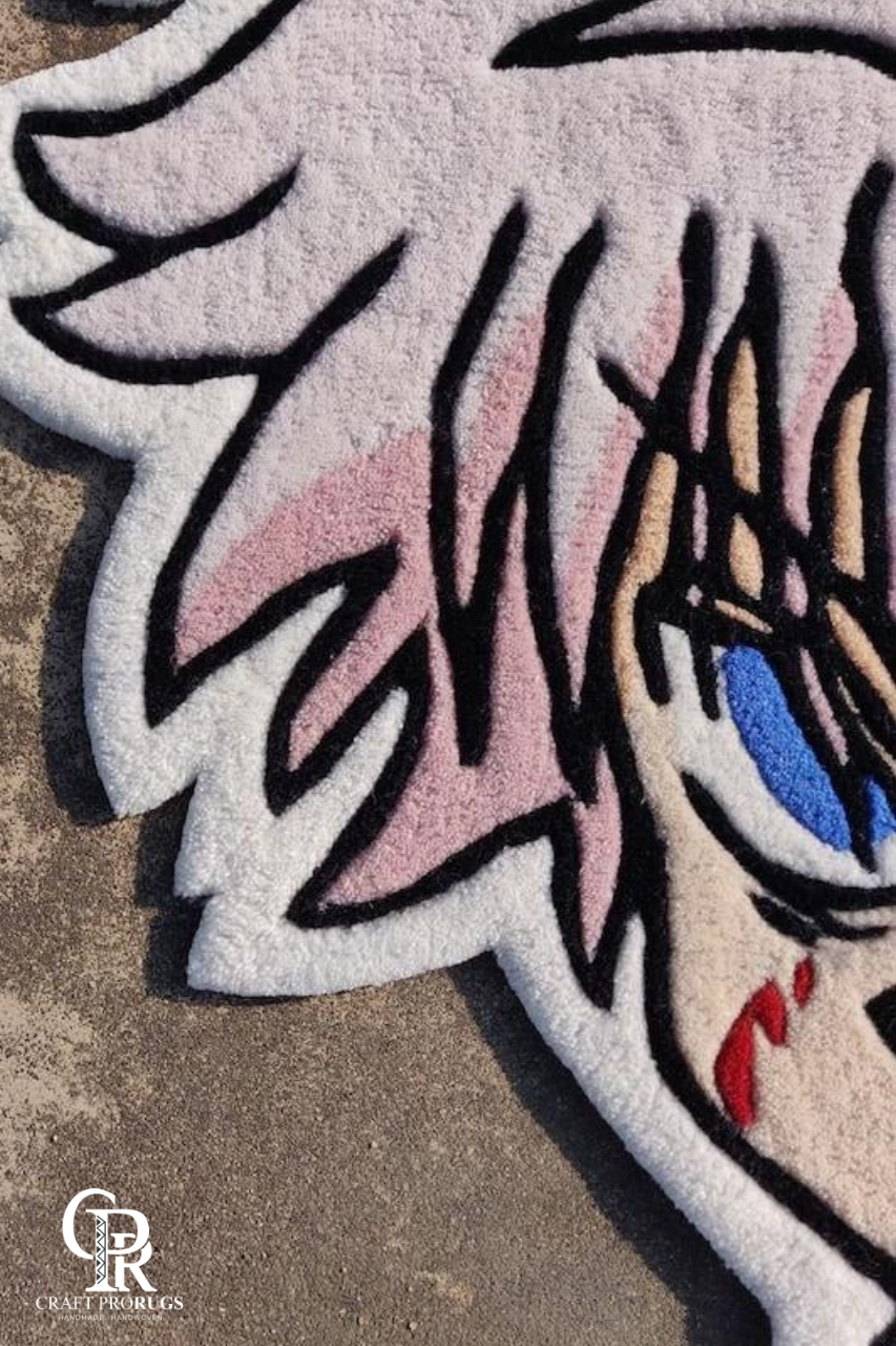 Left side angle of the hand-tufted Killua inspired anime rug showing character design and texture.