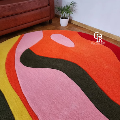 Side angle view of hand-tufted Round Pop Rug showing thickness and soft tufted texture