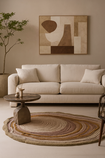 Hand‑tufted Sandstone Swirl Rug laid flat showing organic ripple design in neutral beige and sand tones for modern interiors.
