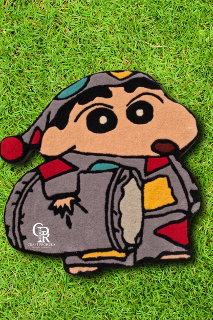 Top view of hand-tufted Shinchan rug highlighting vibrant colors and artwork.