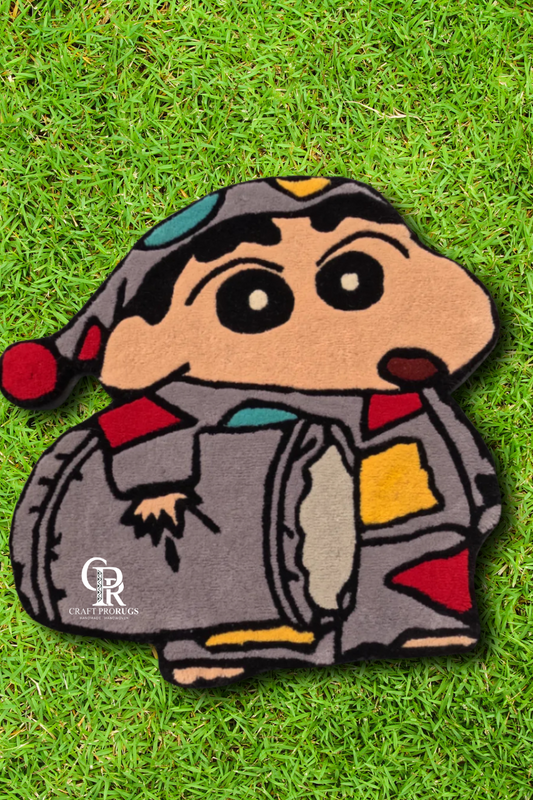 Top view of hand-tufted Shinchan rug highlighting vibrant colors and artwork.