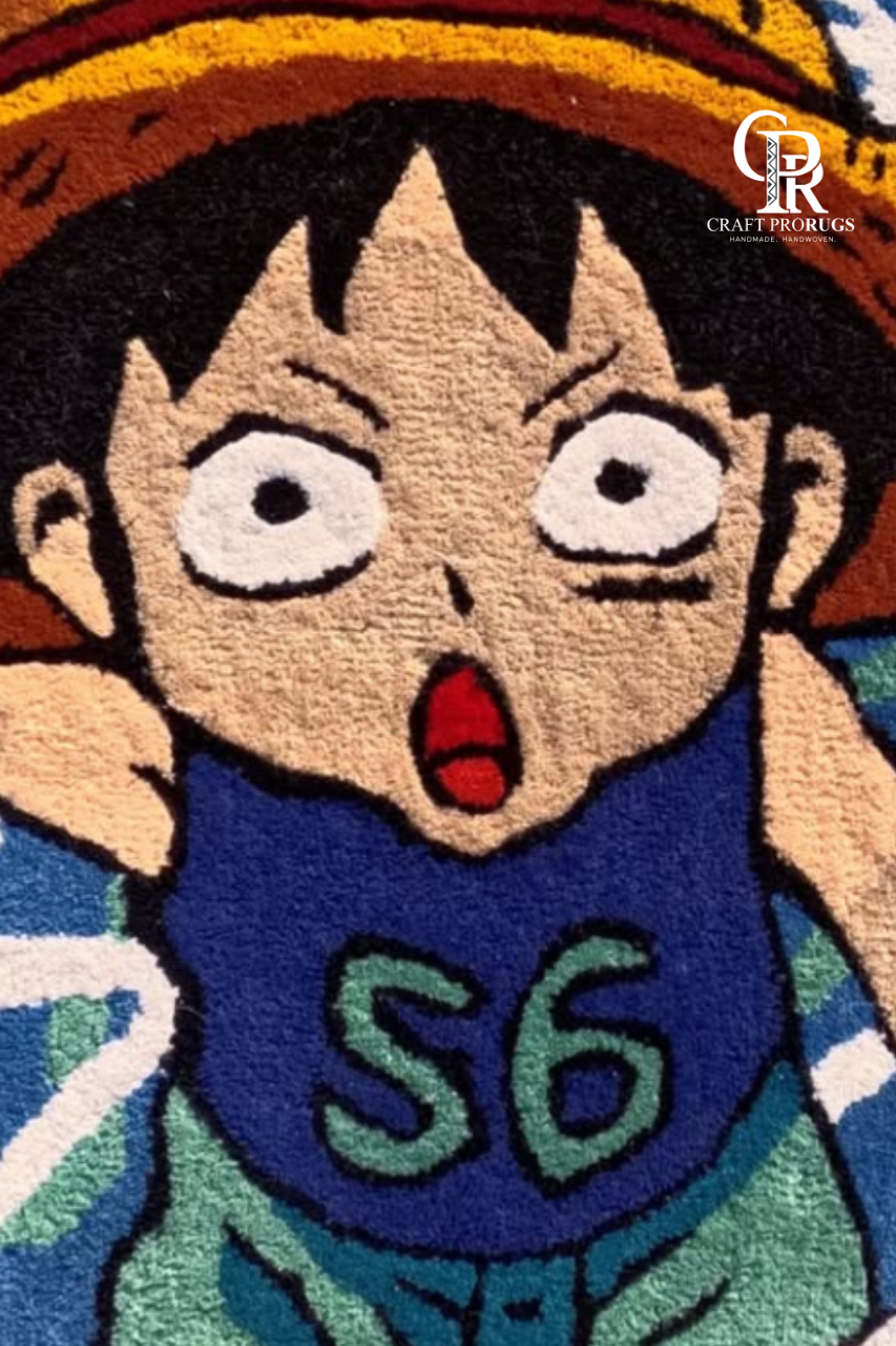 Hand-tufted Straw-Hat Pirate Rug full view showing cartoon pirate design