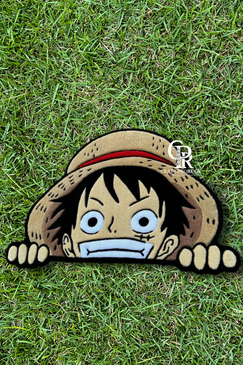 Front view of hand-tufted Straw Hat Pirate rug, Luffy inspired custom design.