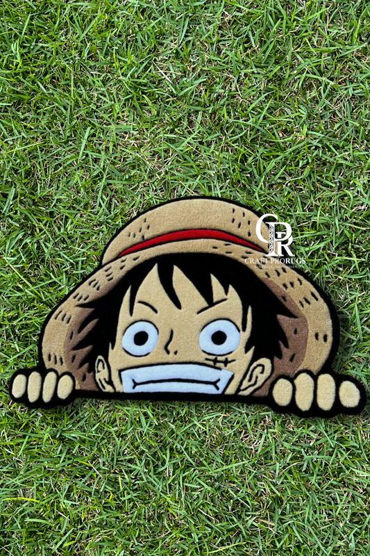 Front view of hand-tufted Straw Hat Pirate rug, Luffy inspired custom design.