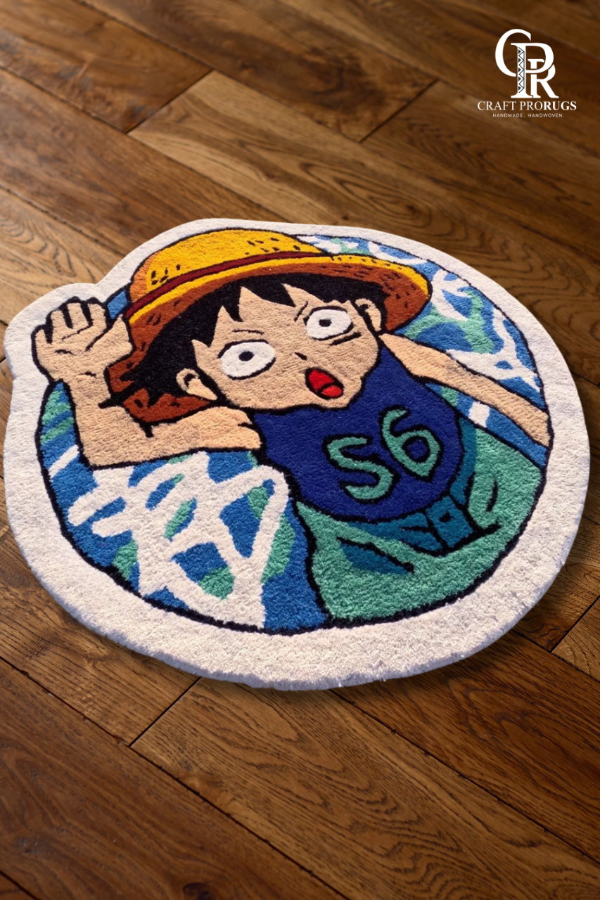 Side-angle view of hand-tufted Straw-Hat Pirate Rug placed flat on the floor