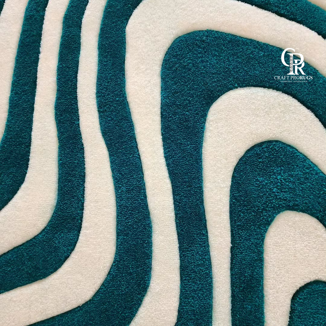 Close-up of hand-tufted Teal & White Wavy Pattern Rug showing premium soft yarn and detailed wave pattern