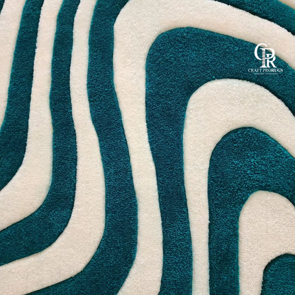 Close-up of hand-tufted Teal & White Wavy Pattern Rug showing premium soft yarn and detailed wave pattern