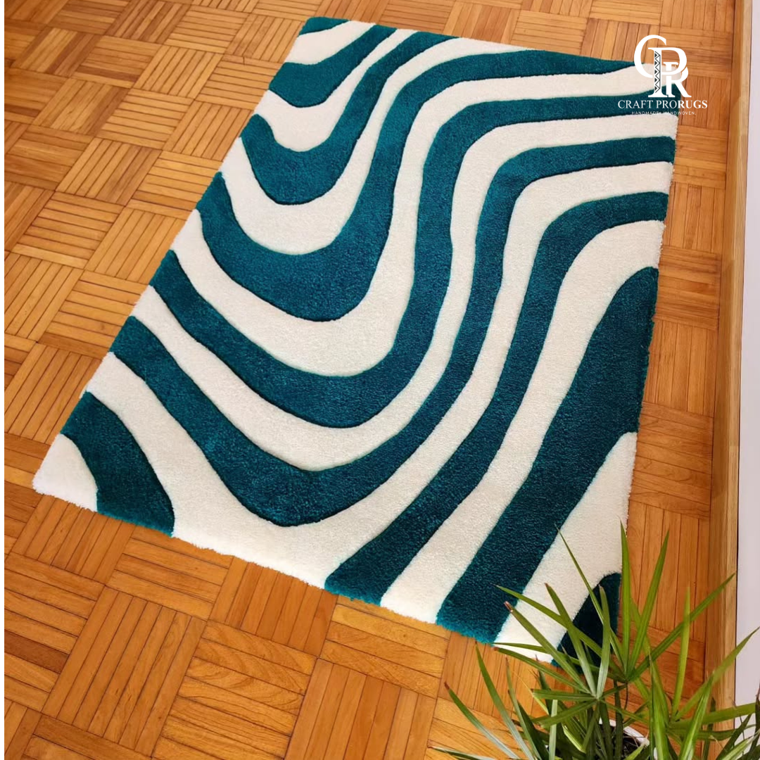 Hand-tufted Teal & White Wavy Pattern Rug, top view showing bold wave design and modern color palette
