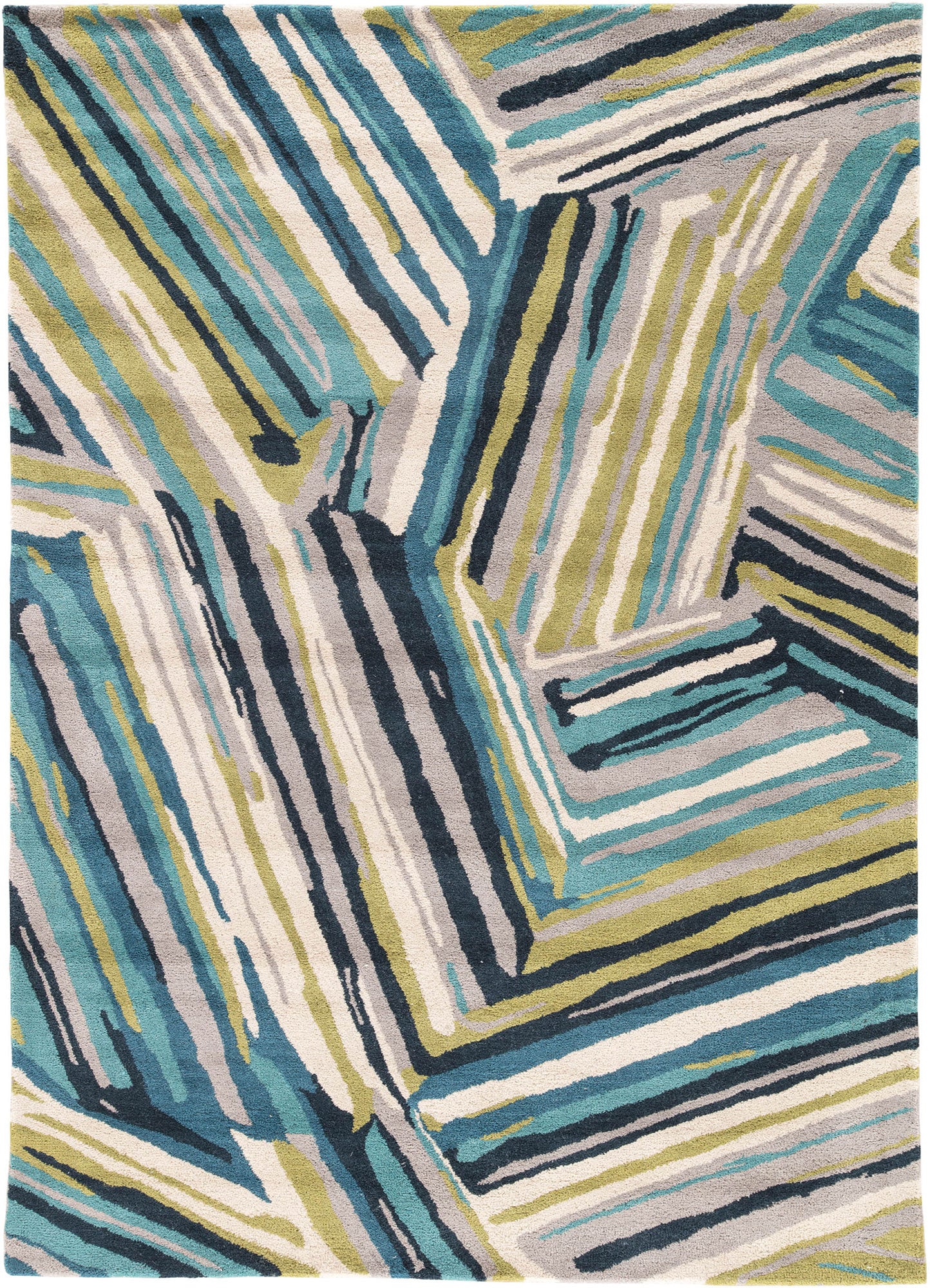 Linear Pattern hand tufted wool rug showing abstract layered linear pattern in blue green beige and ivory tones.