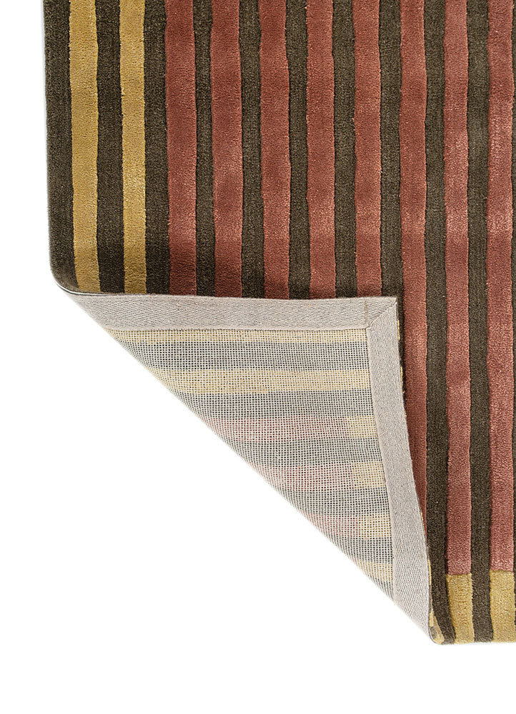 Back view of Linear Rhythm Earthtone hand tufted wool rug with quality finishing. 