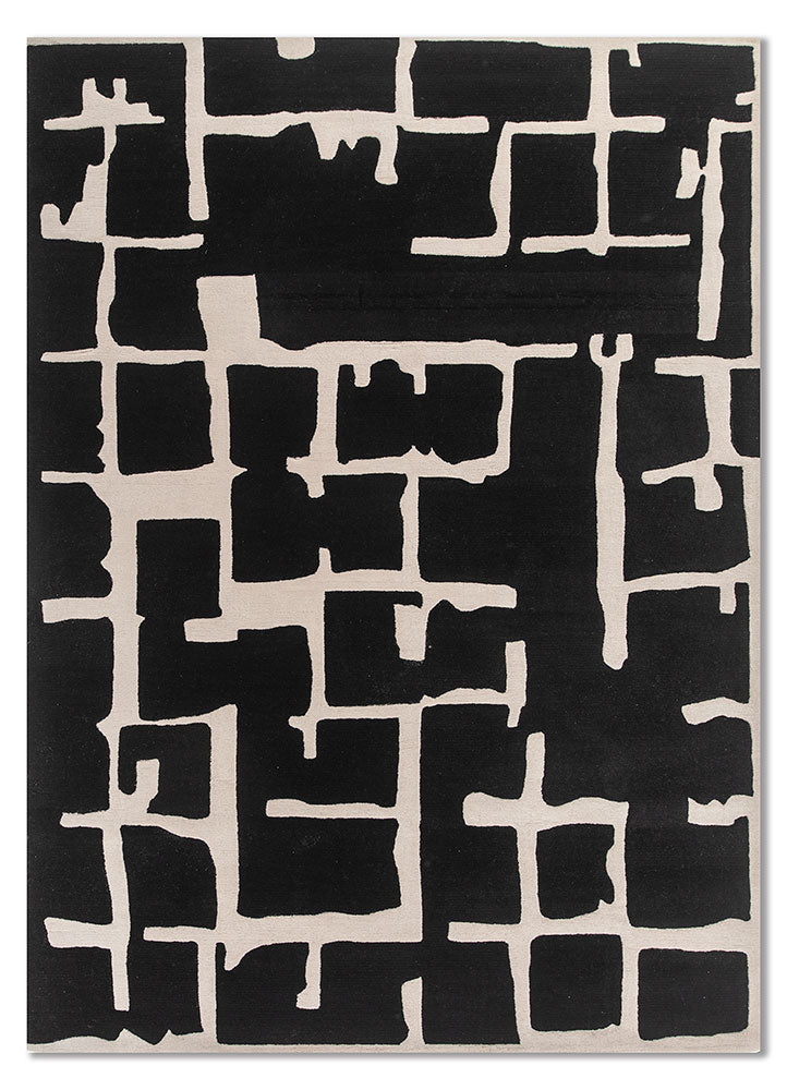 Full view of Linear Grid Black and Ivory hand tufted wool rug featuring bold geometric grid pattern with modern contrast.