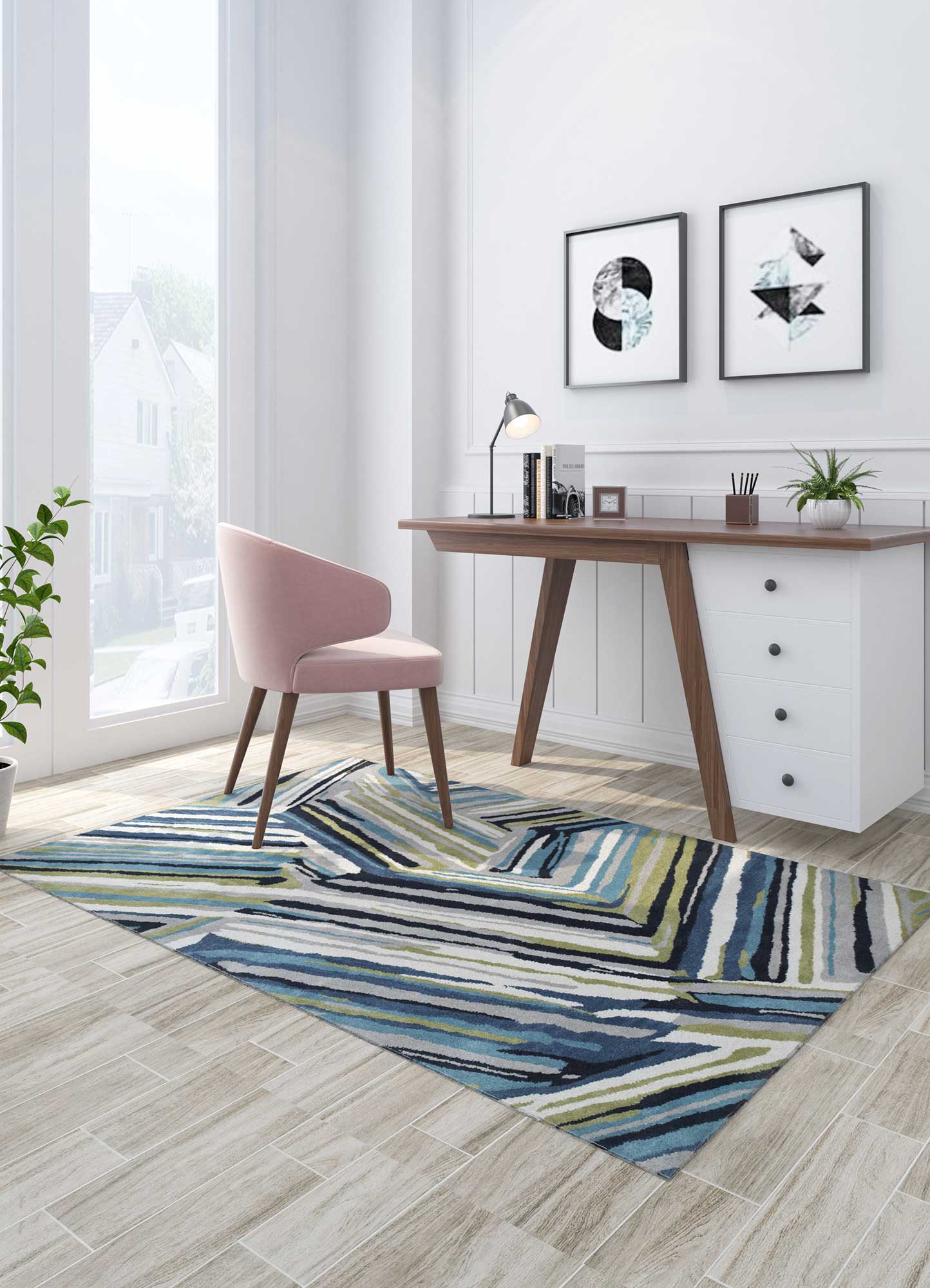 Linear Pattern hand tufted wool rug styled in a minimal interior highlighting vibrant linear design and modern appeal.