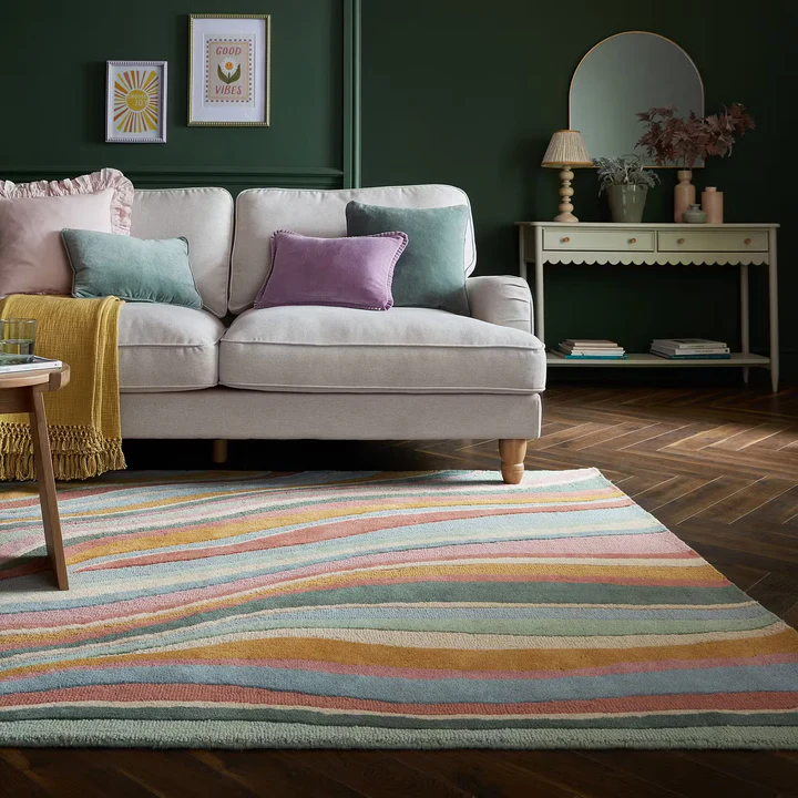 Liora Pastel Wave Rug hand tufted wool rug corner view highlighting texture and pastel wave details.