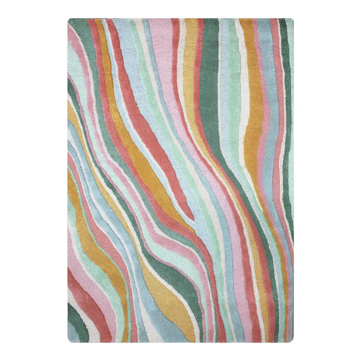 Liora Pastel Wave Rug hand tufted wool rug top view showing vibrant pastel wave pattern clearly.
