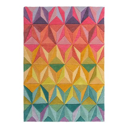 Full view of luma geometry hand tufted wool rug displaying vibrant geometric pattern in yellow green and coral tones.