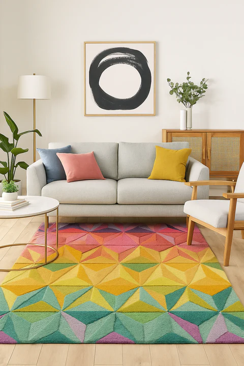 Luma geometry hand tufted wool rug styled in a bright living room featuring colorful geometric pattern under sofa.
