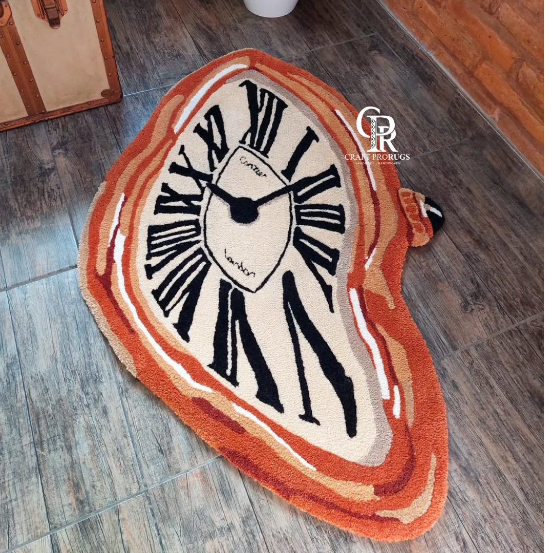 Angled view of the Melting Clock Rug showing artistic shape and flow