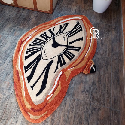 Perspective view of the Melting Clock Rug showing depth and unique flowing form