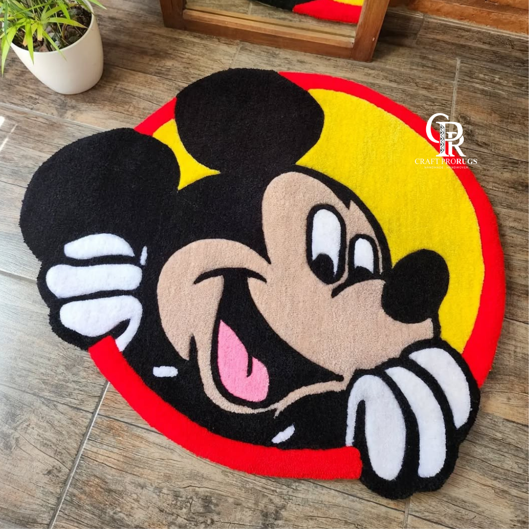 mickey inspired round hand tufted rug front view showing full design