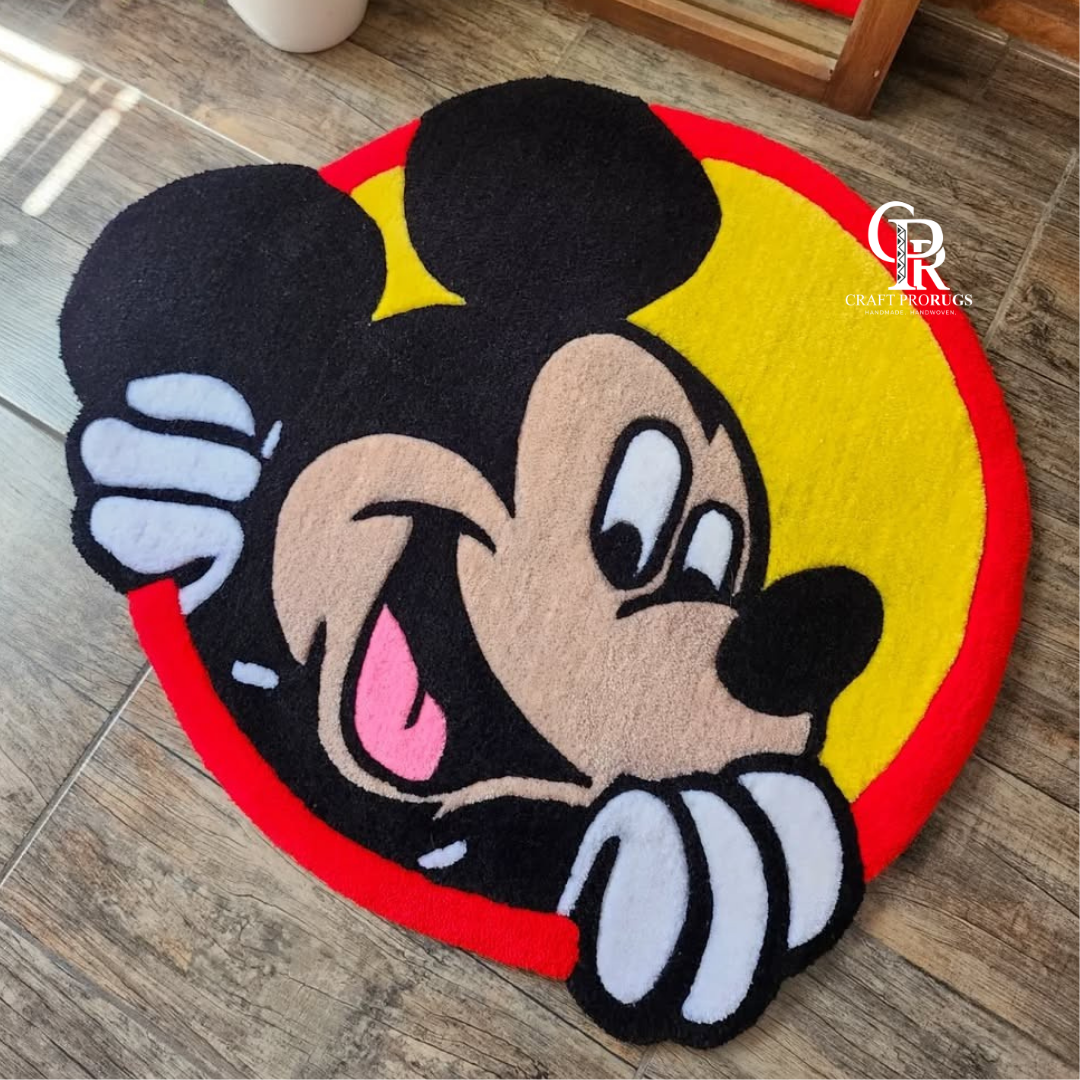 top view of mickey inspired round hand tufted rug on the floor