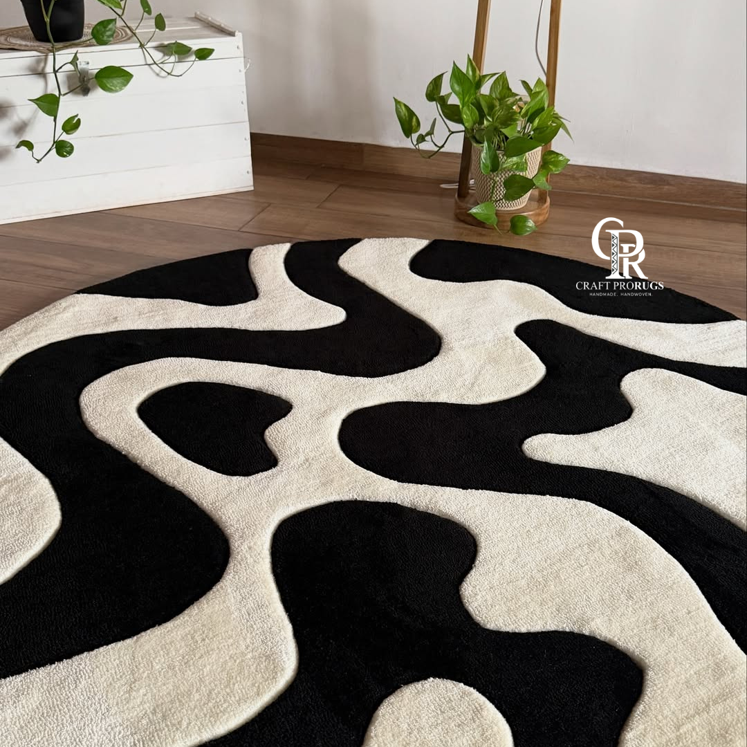 Round monoloop hand tufted rug placed on wooden flooring showing its curved design