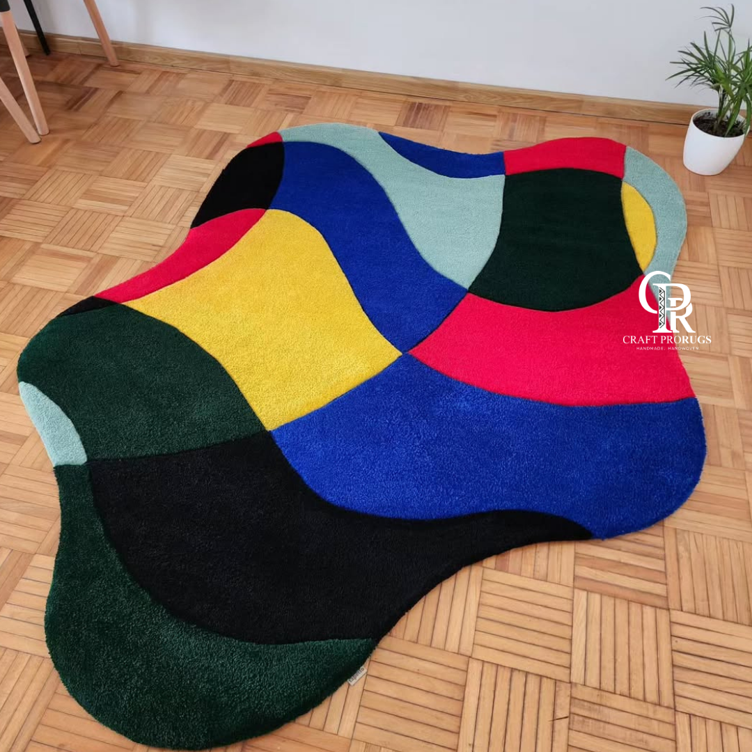 Multicolor abstract freeform hand‑tufted rug  modern living room statement piece