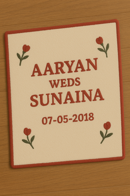 Close-up of Name & Date Anniversary Rug – hand-tufted custom couple rug with Aaryan weds Sunaina text and floral corner details 