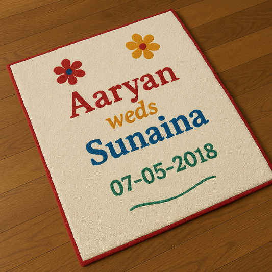 Name & Date Anniversary Rug – custom hand-tufted personalized couple rug with Aaryan weds Sunaina and date 07-05-2018, 