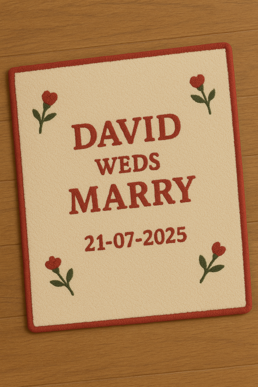 Custom hand-tufted Name & Date Anniversary Rug showing David weds Marry with date 21-07-2025 – personalized wedding gift rug handmade in India