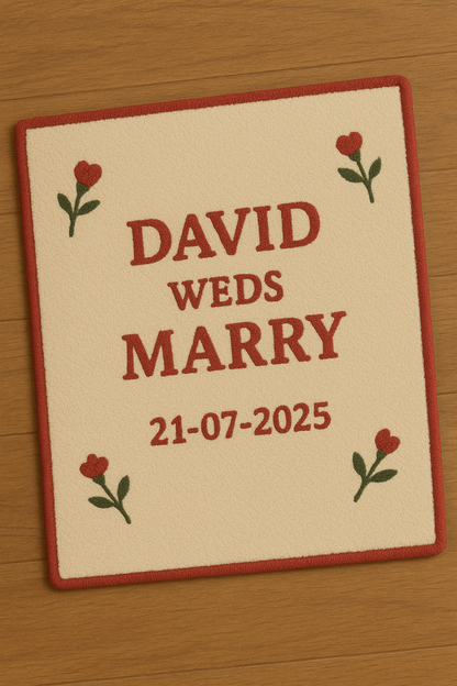 Custom hand-tufted Name & Date Anniversary Rug showing David weds Marry with date 21-07-2025 – personalized wedding gift rug handmade in India