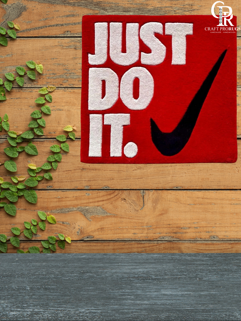 Front view of Nike Just Do It Red Streetwear Rug featuring bold white typography on a red background for modern décor.