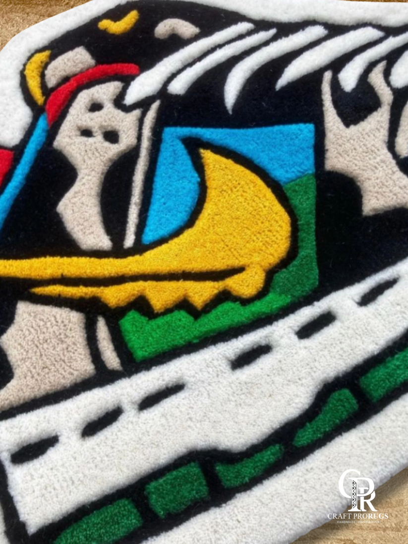 Close-up of hand-tufted Nike Multicolor Shoe Rug showing vibrant sneaker pattern and detailed plush texture