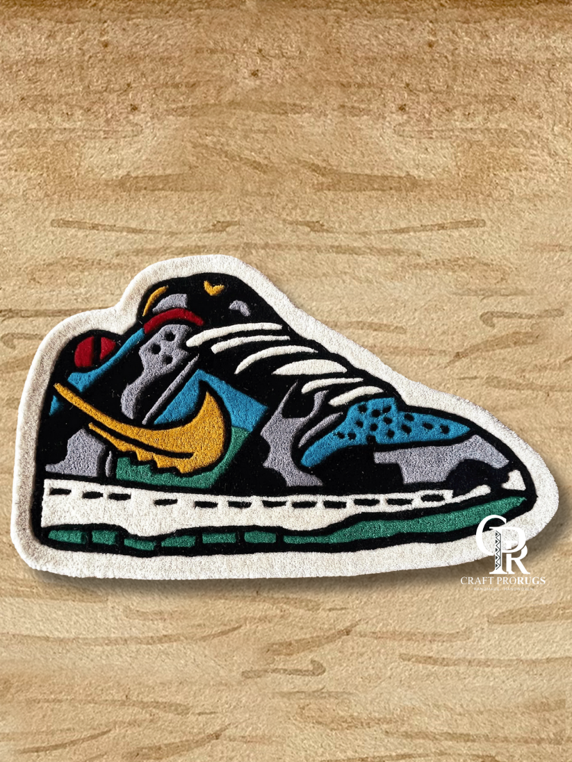 Front view of hand-tufted Nike Multicolor Shoe Rug showing vibrant sneaker design and colorful floor decor