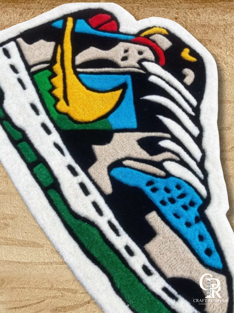 Side angle of Nike Multicolor Shoe Rug highlighting plush hand-tufted texture and bold multicolor pattern