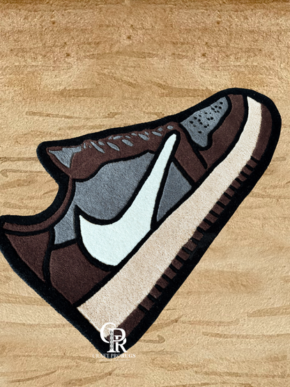 Hand-tufted Nike shoe shape rug front view in brown and olive colors featuring sneaker silhouette for modern decor