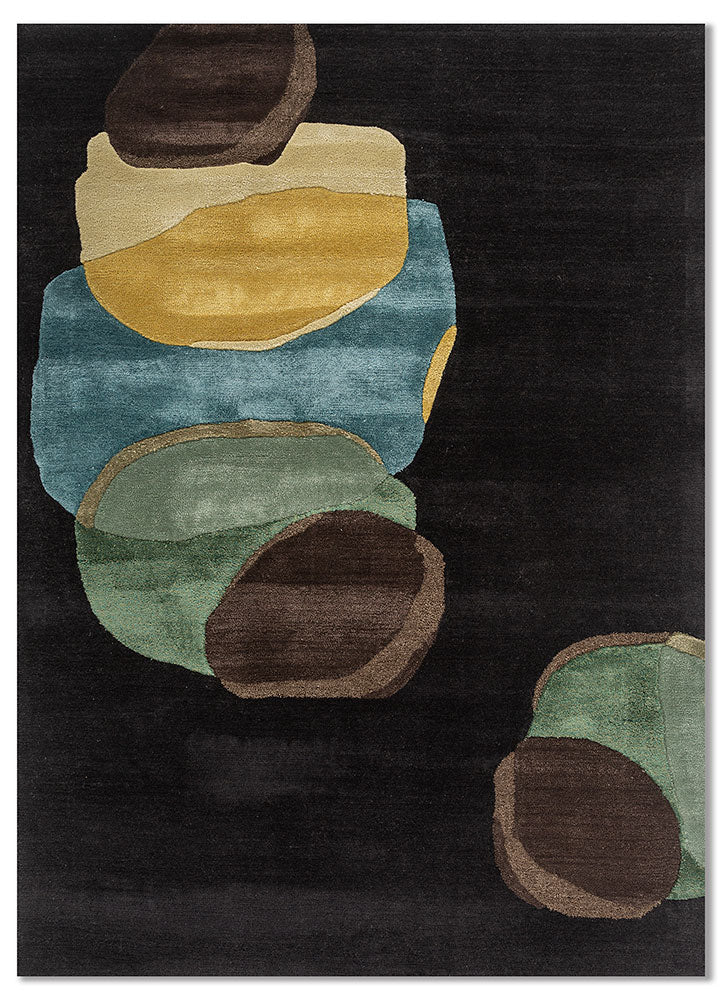 Obsidian modern abstract wool rug with earthy shapes on a black background.