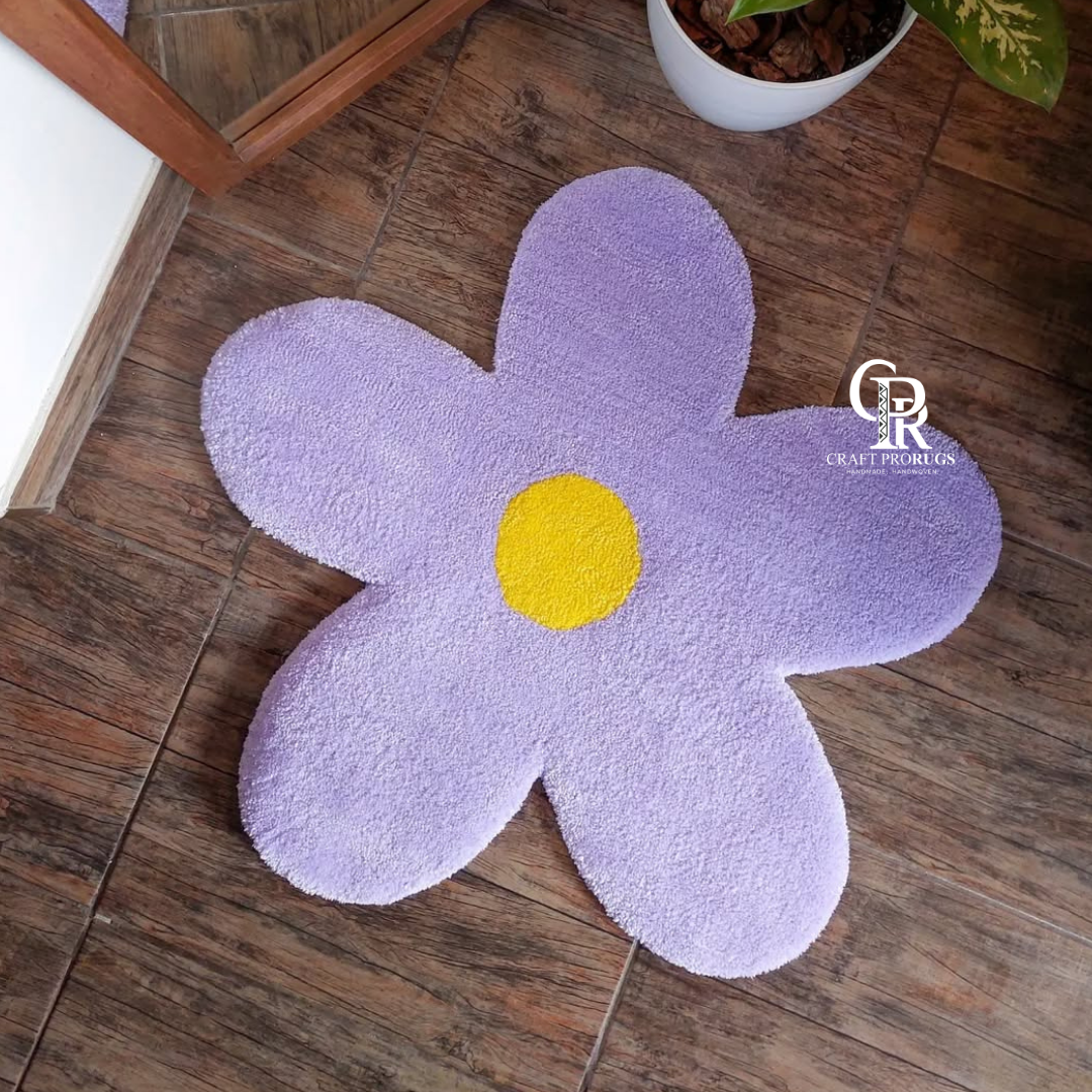 purple flower shaped hand-tufted rug front view showing lavender petals and yellow center