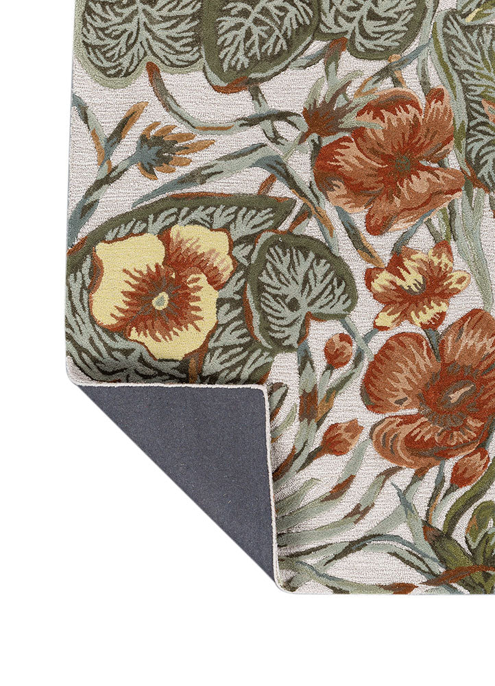 Back corner view of Regal Botanique hand tufted wool rug showing sturdy backing clean edges and fine craftsmanship.