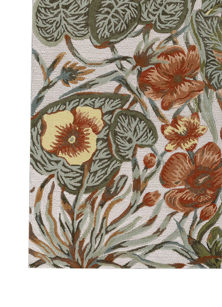 Pattern detail of Regal Botanique hand tufted wool rug displaying traditional botanical flowers with warm earthy colors.