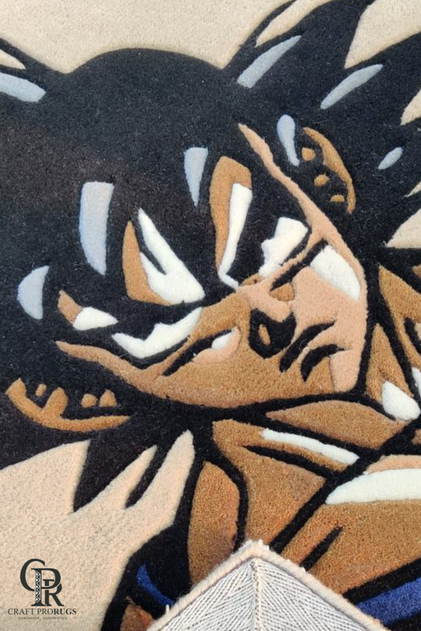 top view of Saiyan Hero hand-tufted rug on floor showing full design and colors