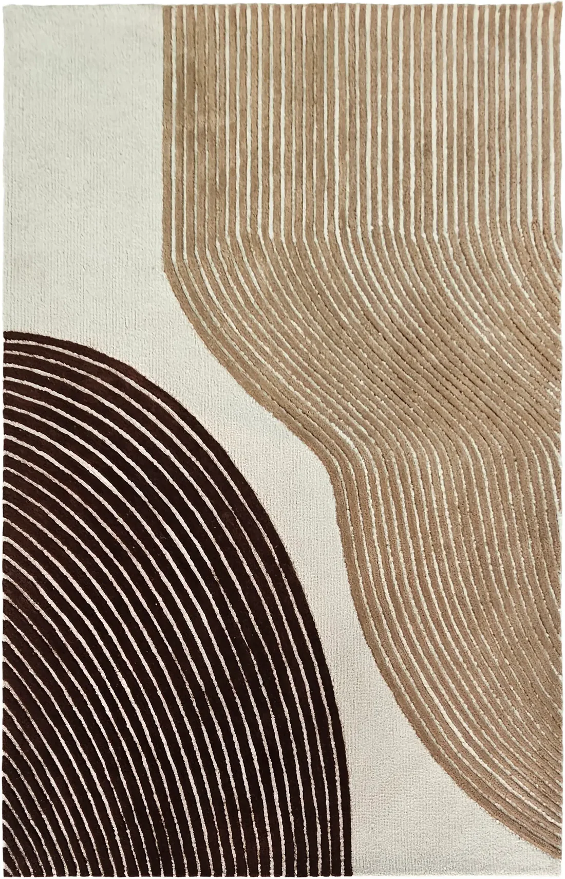 Sienna Wave hand tufted wool rug showing abstract wave design with beige brown and ivory curved sections.