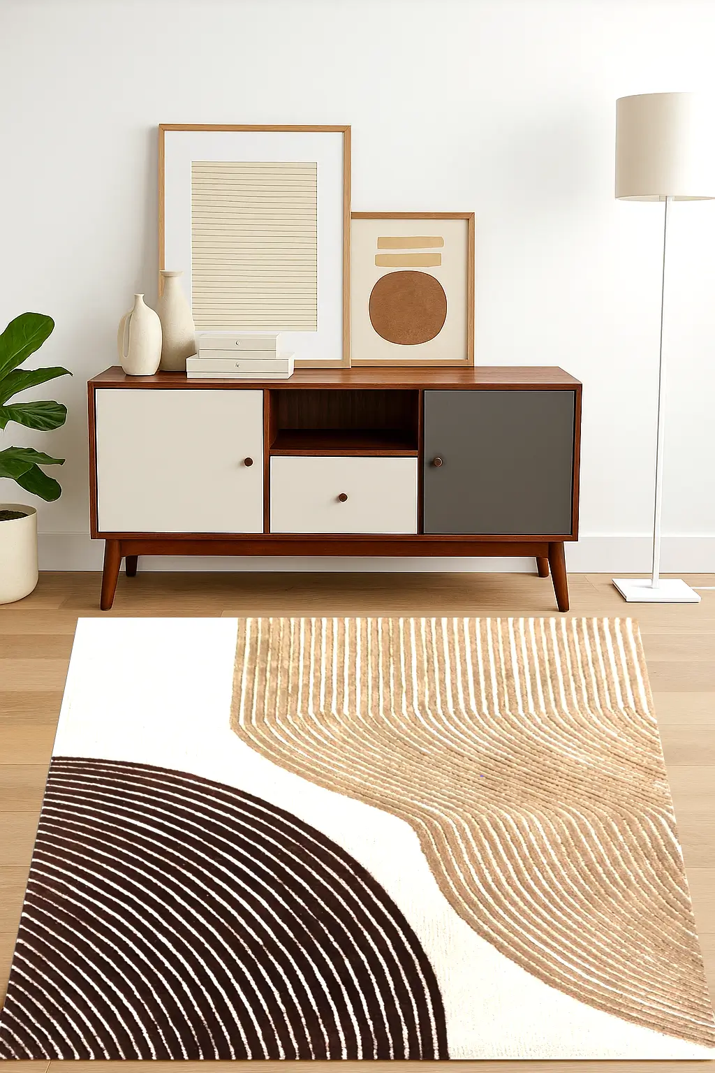 Sienna Wave hand tufted wool rug styled in a modern living space with flowing wave pattern in warm earth tones.