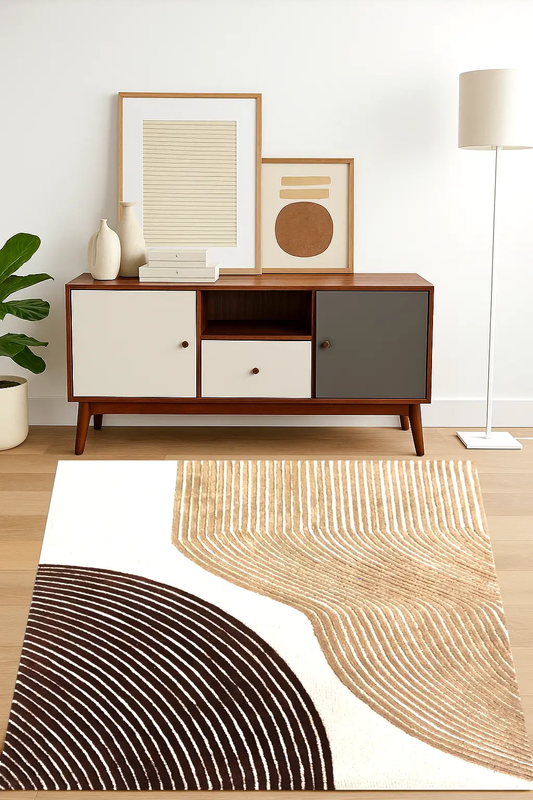 Sienna Wave hand tufted wool rug styled in a modern living space with flowing wave pattern in warm earth tones.